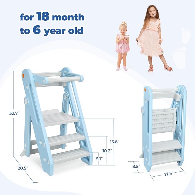 Onasti Toddler Tower Kitchen Stool Helper, Foldable & Adjustable Height Kids Learning Stool for Kitchen Counter Bathroom Sink, Child Ladder for Toddlers with Handles, Safty Rail, Non-Slip Pads-Blue