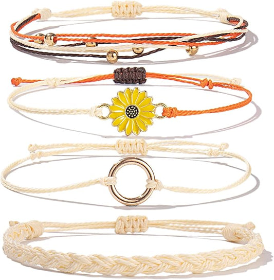 FANCY SHINY Sunflower String Bracelet Boho Braided Rope Wrap Bracelets Cute Summer Beach Surfer Jewelry for Women Christmas Gifts