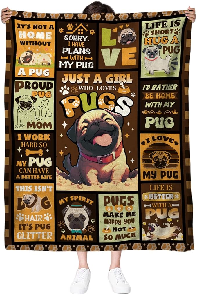 Pug Blanket Gifts for Women, Dog Lover Gifts, Pug Lovers, 50 * 60" Soft Throw Blanket for Christmas Birthday for Women