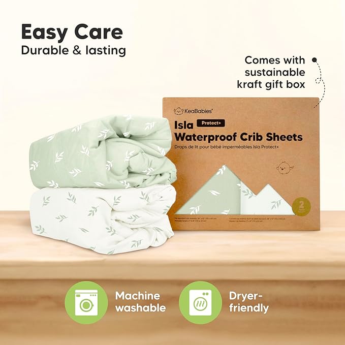 2-Pack Waterproof Baby Crib Sheets for Boys, Girls - 52x28 Viscose Derived from Bamboo Toddler Bed Sheet Neutral, Fitted Crib Mattress Protector Cover for Baby Bedding, Soft & Gentle (Herb)