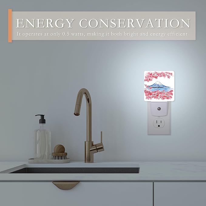 Cherry Blossoms Night Light,Mountain Fuji Plug-in Wall Led Night Lights Decor for Boys Girls Room,Dusk to Dawn Sensor Wall Lamp for Stairway/Hallway/Kitchen,0.5W