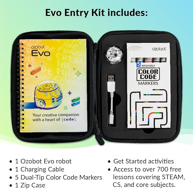 Ozobot Evo Entry Kit: Interactive Coding Robot, Kids Ages 5+, Includes Color Code Markers, Charging Cable, Zip Case, Access to 700+ STEM Lessons - Educators & Parents, No Coding Experience Required