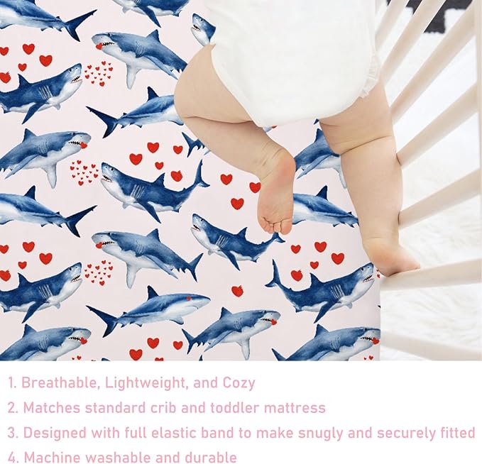 Sea Shark Love Baby Crib Sheets 52''x28'' Ocean Animals Hearts Fitted Crib Mattress Cover for Boy Girl Nursery Baby Bed Sheets for Standard Crib and Toddler Mattresses
