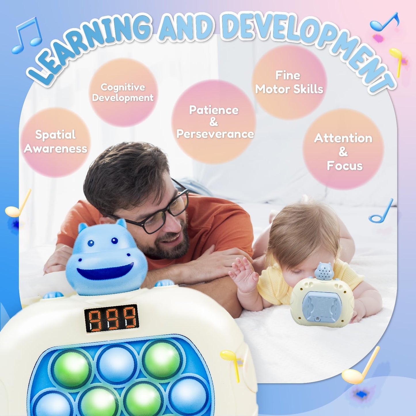 Marlo & Buzz Fast Push Game Toy with Popit Game Controller, Pop Fidget Animal with LED Screen - Sensory and Memory Console, Quick Bubble Light Toy, Pocket Games (Hippo)