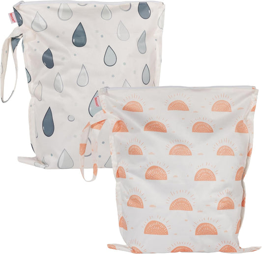 HECCEI Wet Dry Bag, 2-Pack Reusable Waterproof Wet Bagsfor Swimsuits & Baby Clothes, Leakproof Cloth Diaper Wet Bags for Travel & Diaper Changes (Sunny Drizzle)