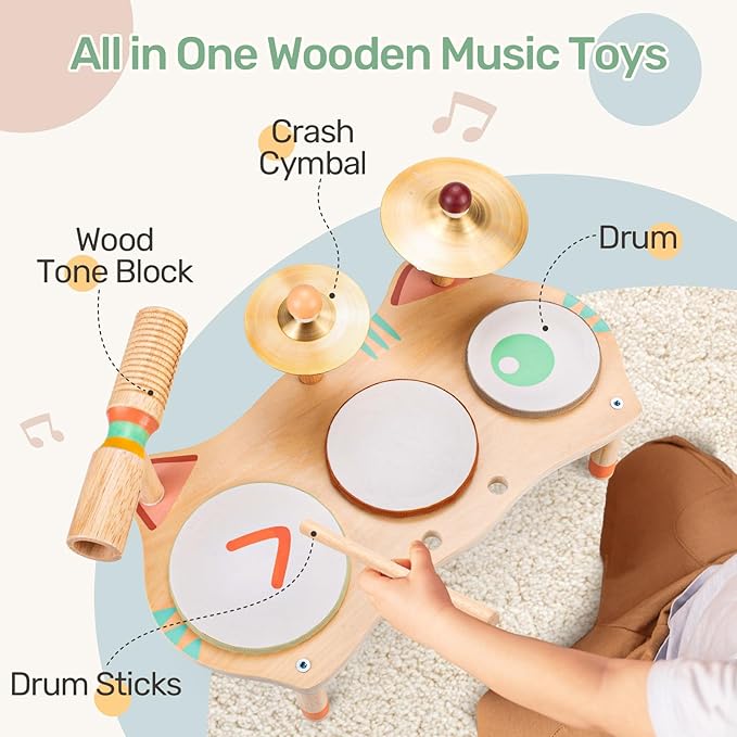 WINGYZ Baby Drum Set – 7-in-1 Wooden Musical Instruments for Toddlers 1-3, Montessori Kids Music Toys with Cymbal & Tone Block, Morandi Cat Design, Early Learning Gift for Boys Girls
