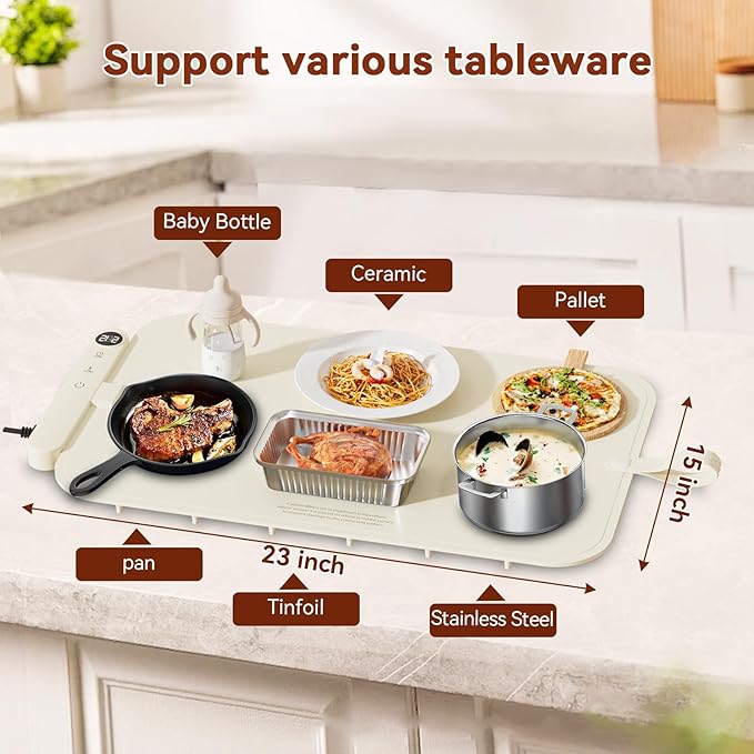 Upgrade Graphene Food Warming Mat for Countertop, Gifts for Mom Wife, Waterproof Electric Warming Tray with 6 Temp Modes for Parties Buffets (Beige)