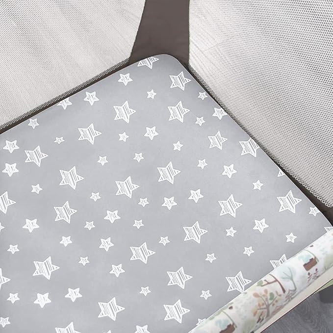Pack and Play Sheets, 2 Pack Mini Crib Sheets, Stretchy Playard Fitted Sheet, Compatible with Graco Pack n Play, Soft and Breathable Material, Grey & White