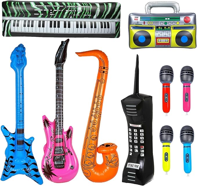 10pcs Inflatable Instruments Party Props Rock Star Toy Set Inflatable Saxophone Bass Rock Microphone Rock Electric Guitar Recorder Suitable for Various Music Parties(Retro Style)