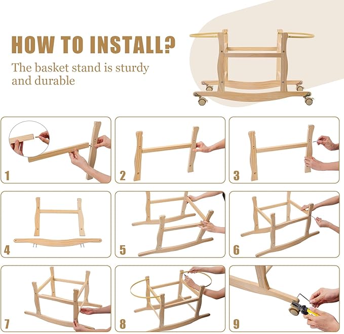 Moses Basket Stand, Bassinets Stand, Wooden Rocking Moses Baskets Stand for Baby Bassinets, Mose Basket Bassinet Stand Adjustable Bassinet Rocker with Wheels