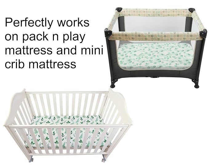 Onacosht Pack n Play Sheets 2 Pack for Baby Unisex, Stretchy Jersey Knitted Portable Mini Crib Sheets Playard Mattress Cover for Baby Boys and Girls, Watercolor Green Botanical Leaf