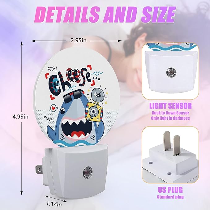 Cute Shark Night Light Ocean Animals Night Lights LED Lamp Round Plug into Wall Nightlight with Dusk to Dawn Sensor Home Hallway Stairway Kitchen Decor