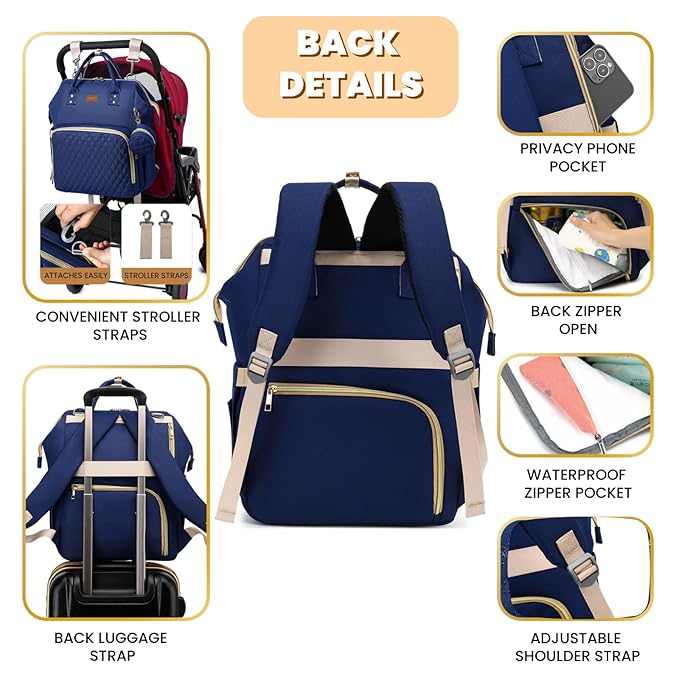 Diaper Bag Backpack with Changing Pad, Pacifier Case, Baby Bag for Boy Girl Toddler - Large, Stylish, Waterproof Travel Quilted Diaper Bag for Mom - Baby Shower - Navy Blue