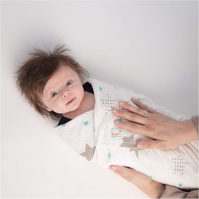 Newborn Bamboo Rayon Swaddle Wraps | Baby Receiving Blankets 3 pk: Wrap & 2 Muslin Square Blankets - Light Blue & Grey Chevron Stripes & Stars