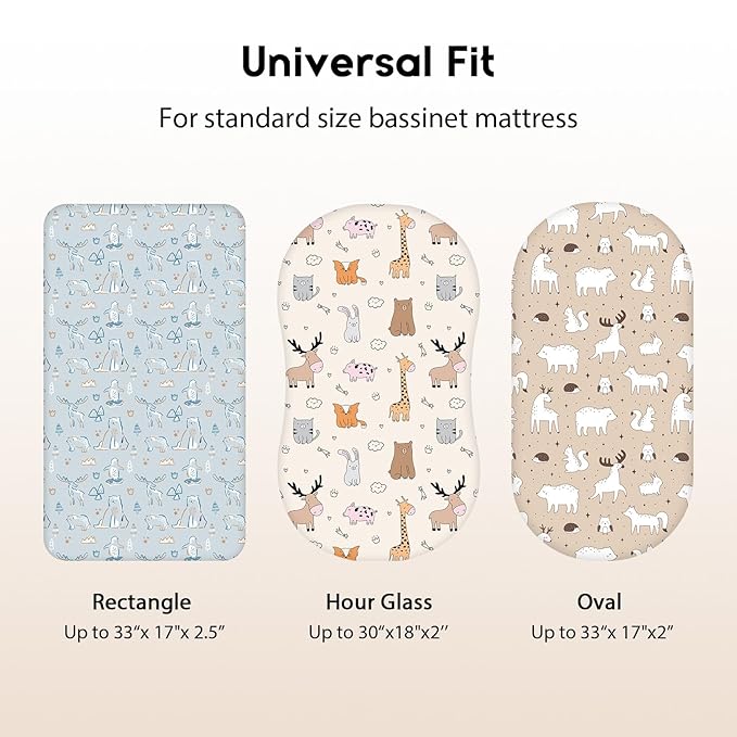 Baby Bassinet Sheets Girl Boy, Fitted Bassinet Sheet Set 3 Pack Bassinet Mattress Sheets Universal Fit for Rectangle, Round, Oval, Hourglass Mattress, Soft Breathable Blue & Apricot Bear
