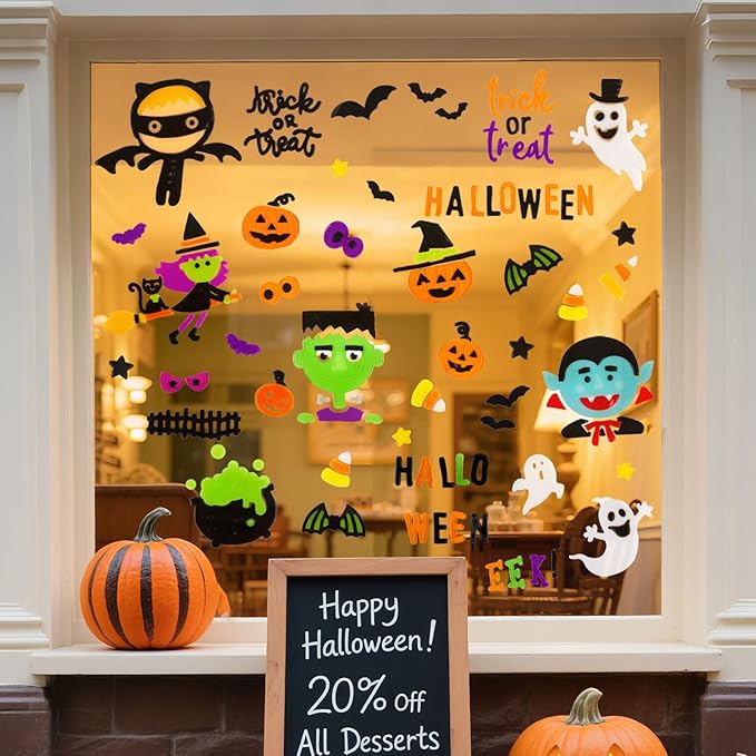 Halloween Window Clings Gel, Vampire, Zombie, Witch, Ghost, Black Cat, Bat, Home Party Supplies Window Glass Decorations