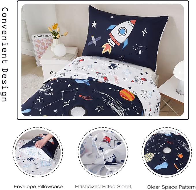 PERFEMET Twin Comforter Set 4 Piece Kids Space Rockets Comforter Bed in A Bag Soft Reversible Dark Blue Outer Space Themed Bed Set(Dark Blue, Planet/Rocket)