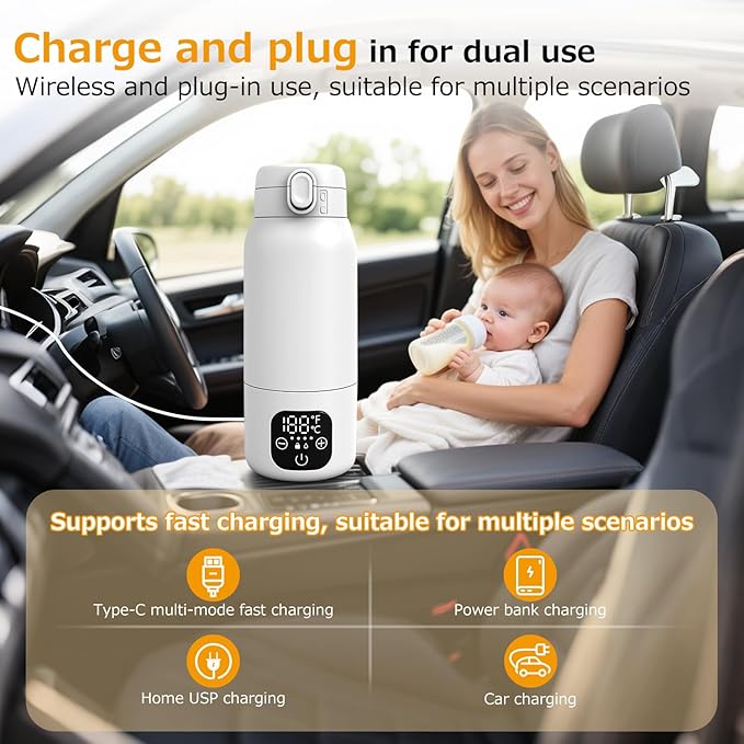 Portable Bottle Warmer for Travel,Dual Heating Modes for Breast Milk & Water,Fast Heating & Precise Temp Control,17 Ounces Portable Bottle Warmer for Vehicle,car,Airplane Journey,Outdoors