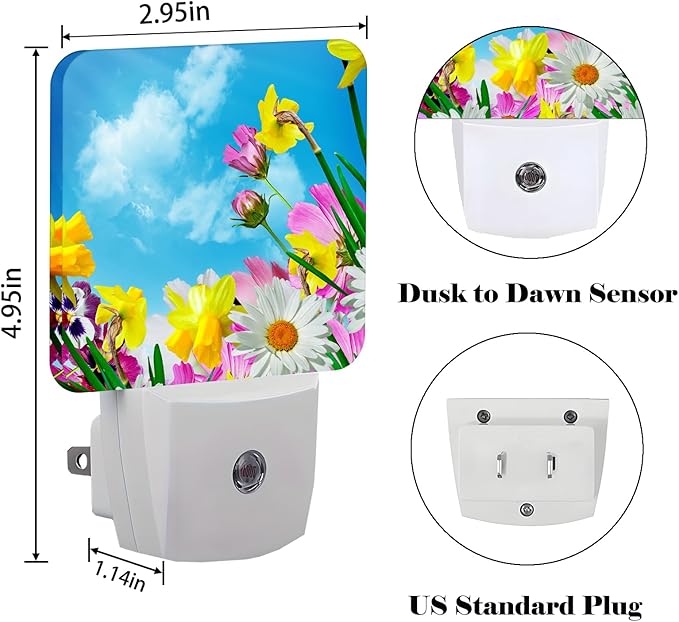 Yellow Petunias and White Sunflower Night Light,Plug-in Nightlights Auto Sensor Night Lamp Dusk-to-Dawn Lamp Home Decor for Nursery Children Girls Boys