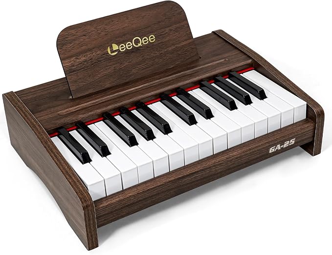 LeeQee 25-Key Wooden Electronic Piano Keyboard for Kids - Educational Music Toy with Realistic Sound, Dual Power Supply & Learning Accessories - Perfect Toddler Learning Gift