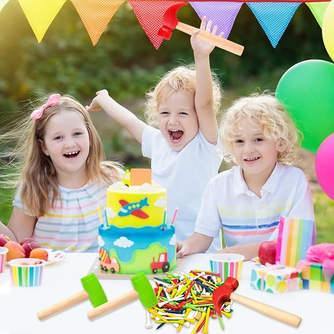 10 Pcs Kids Wooden Hammer Toy with 100 Pcs Colorful Wood Golf Tees, Small Plastic Hammer Simulation Hammers Educational Toys for Children Gift Birthday Party (Red and Green)