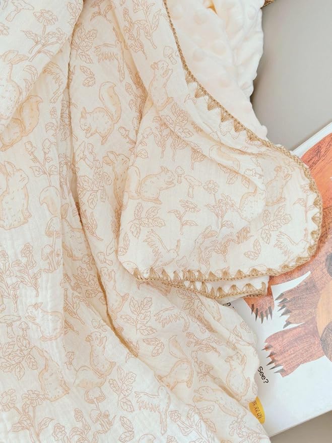 Baby Swaddel Blanket Cotton Muslin Thick Bath Towel Dotted Backing Double Layer Receiving Blanket 40"x40" (Forest Rabbit)