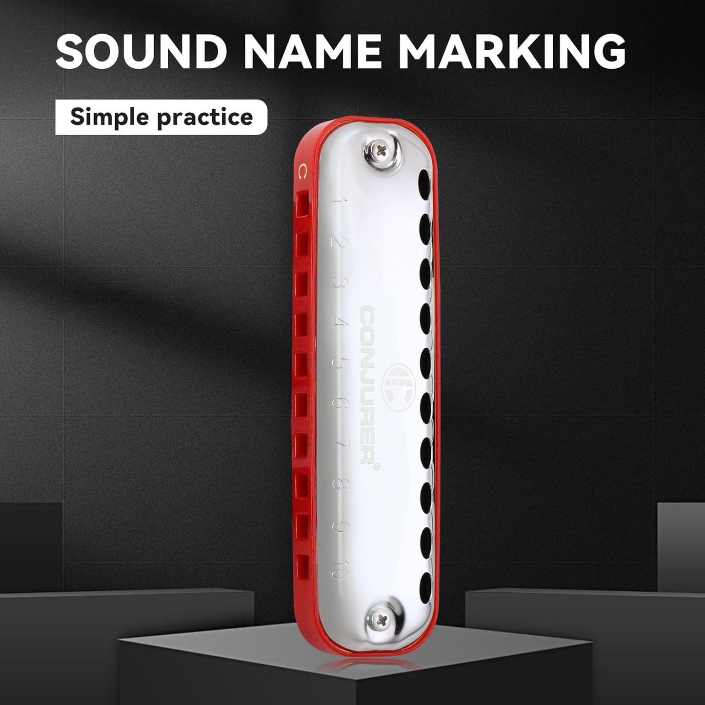 CONJURER Blues Harmonica for Kids Adult Beginners 10 Hole Diatonic Harmonica Key of C, Brass Reed Metal Mouth Organ C Key Blues Harp with Case, Red