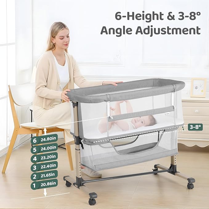 Cowiewie Bassinet Bedside Sleeper, Portable, Breathable, Adjustable Baby Bedside Bassinet for Peaceful Nights, Light Grey