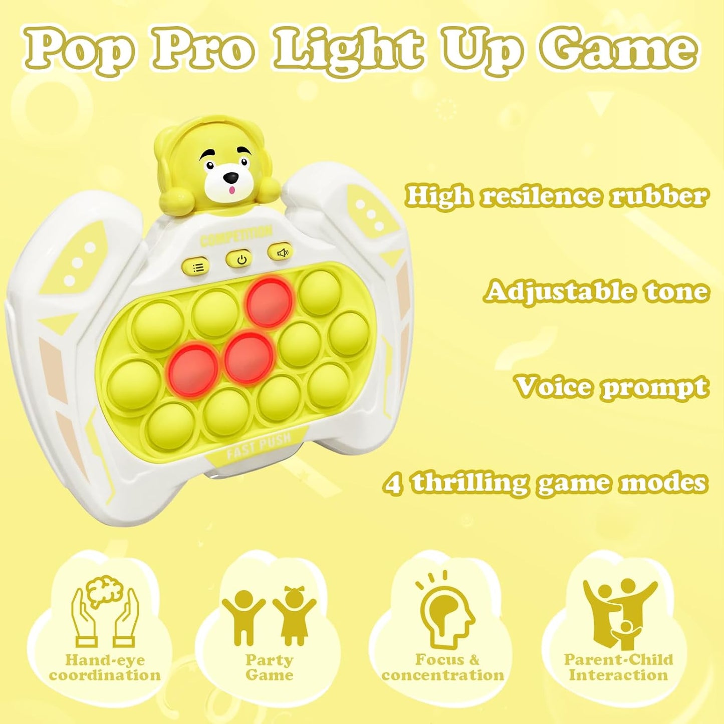 Fast Push Pop Pro Light Up Fidget Bubble Game Controller, Puzzle Pop Pro Game Fidget Toys Adults Handheld Bubble Pop Fidget Game Console Anti-Anxiety Autism Decompression Electronic Travel Game Toy