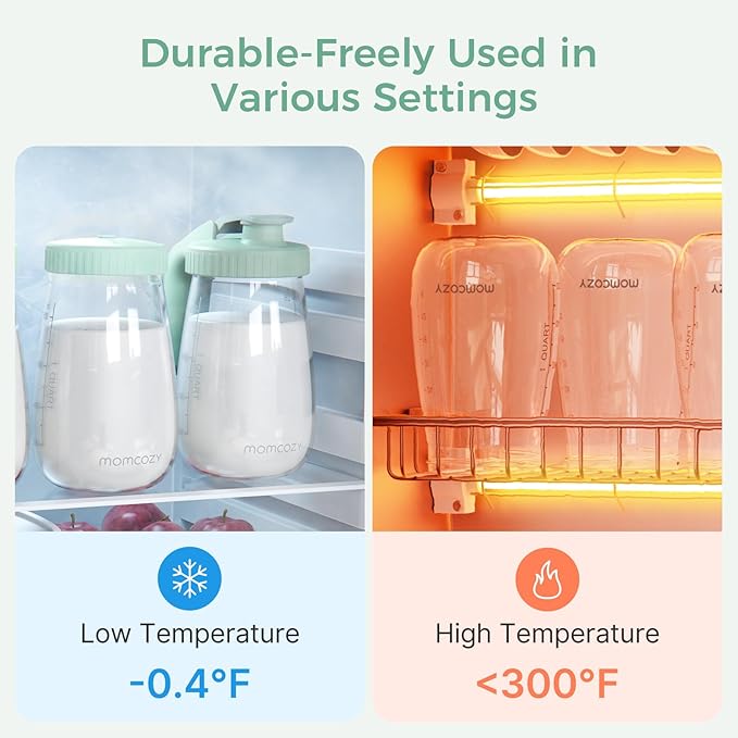 Momcozy Glass Breast Milk Pitcher, Milk Storage Container with Flat Lid & Handle Lid, Wide Mouth Leak-Resistant, Baby Formula Pitcher, Heat & Cold Resistant, 2 PCS, 32OZ Each (64OZ Total)