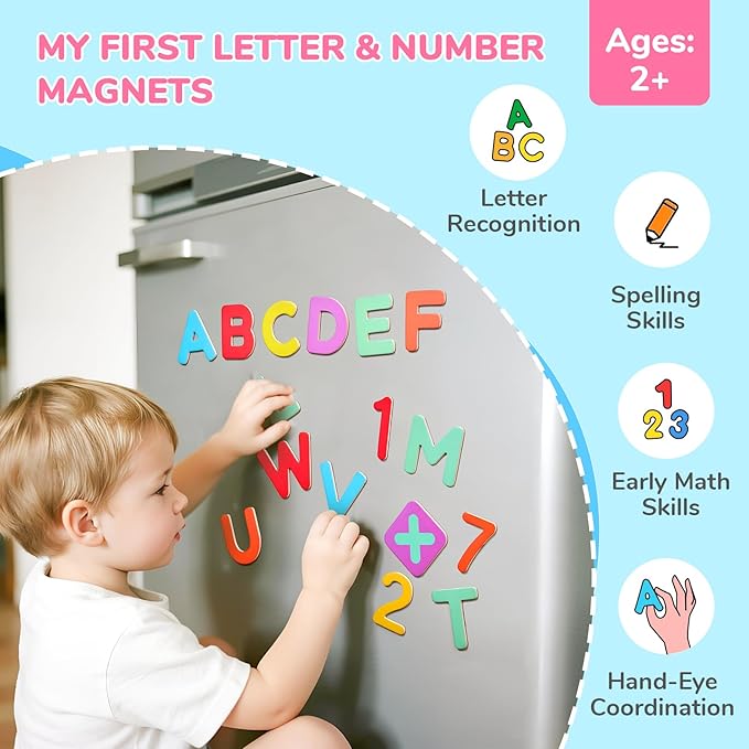 JoyCat Wooden Magnetic Letters and Numbers, Large ABC 123 Alphabet Fridge Magnets for Toddlers & Kids, Uppercase Letters, Math Symbols, Preschool Educational Learning Refrigerator Toy Set (63 PCS)
