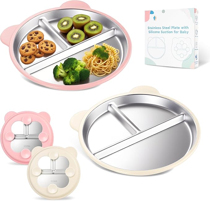 Stainless Steel Kids Plate with Suction Set of 2, 9″ Toddler Divided Plates with Removable Non Slip Silicone Sleeves, Unbreakable Baby Snack Dishes, BPA Free, Beige & Light Pink