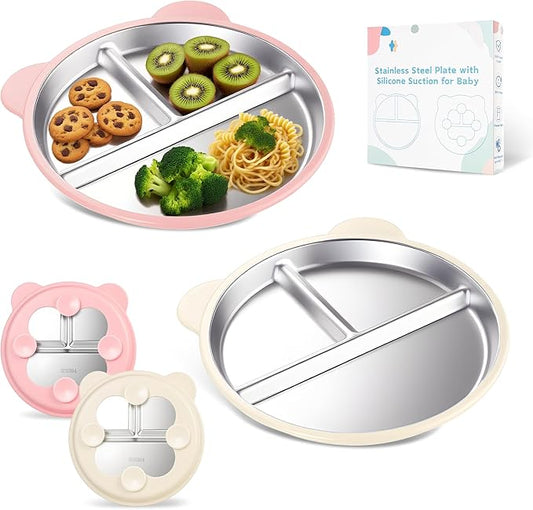 Stainless Steel Kids Plate with Suction Set of 2, 9″ Toddler Divided Plates with Removable Non Slip Silicone Sleeves, Unbreakable Baby Snack Dishes, BPA Free, Beige & Light Pink