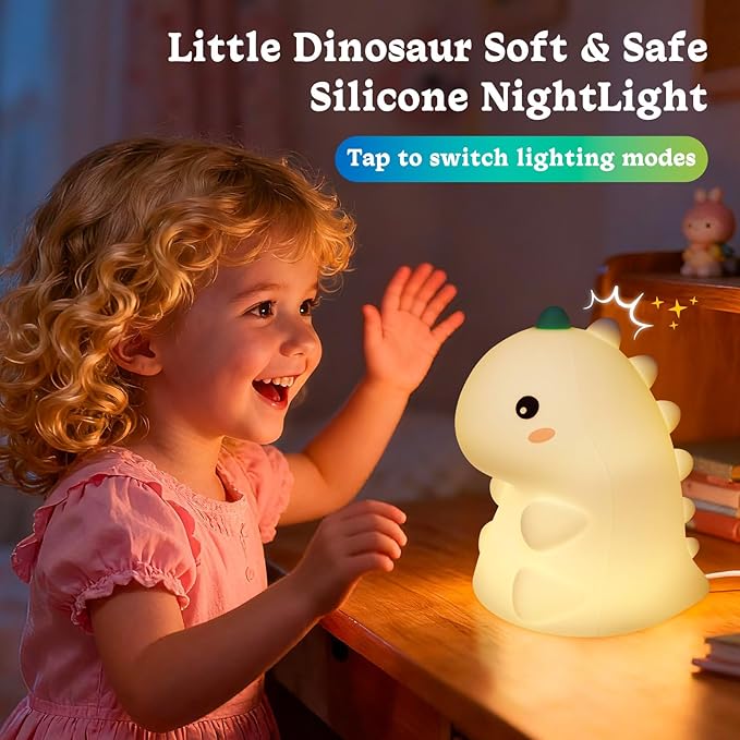 Dinosaur Night Light for Kids, Silicone Nursery LED Night Lamp with 30-Min Timer & 3 Levels Dimmable & Touch Sensor, Rechargeable Bedroom Nightlight for Mom's Night Helper