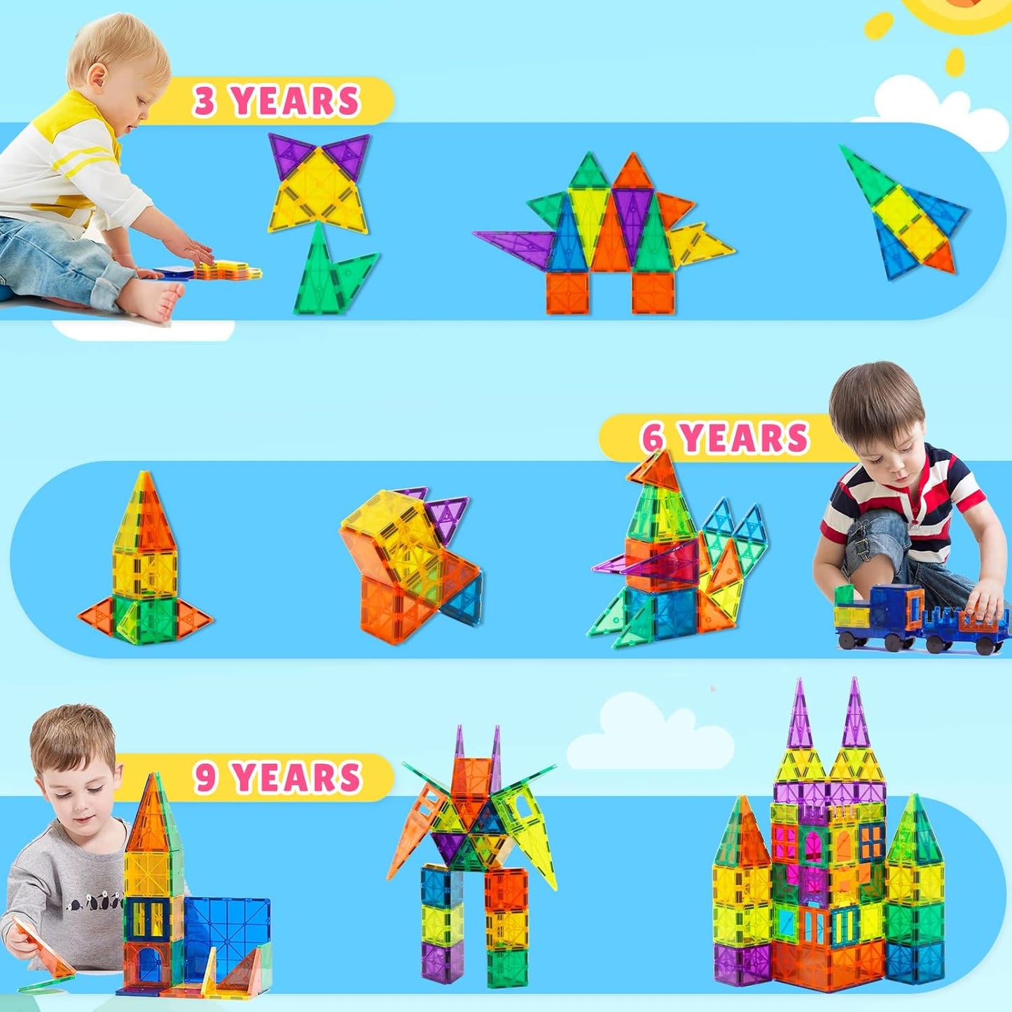 Bmag 130PCS Magnetic Tiles Building Blocks, 3D Magnet Blocks Construction Playboards for Kids Toddlers, Educational STEM Preschool Toys for Boys Girls with 2 Cars
