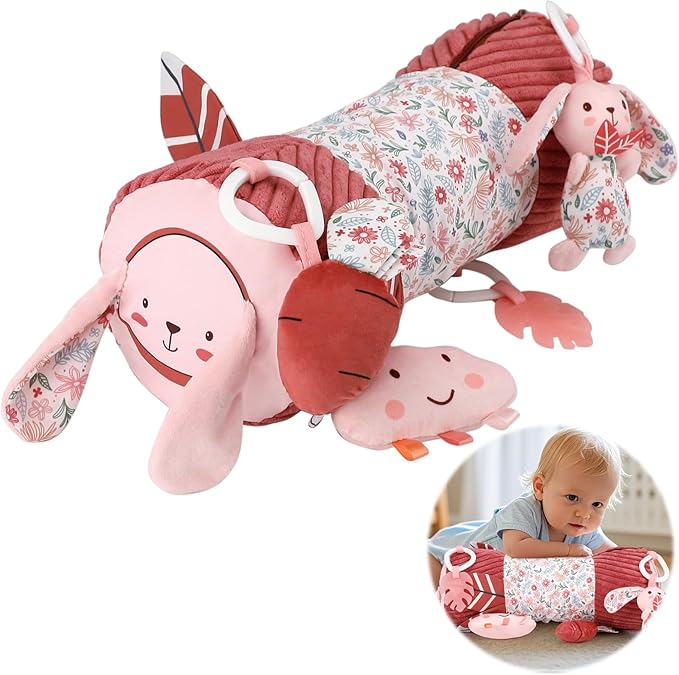vocheer Tummy Time Pillow with Detachable Sensory Toys for Babies,Inflatable Design,Pink Rabbit, Baby Girl Toys 3-6 Months with Tummy Time Mirror, Rattles, Teether, Baby Girl Gifts