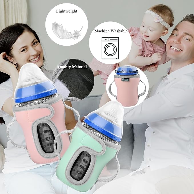 Beautyflier Glass Baby Bottle Sleeve Covers for 9oz Nature Baby Bottles with Dual Handle, 3.8mm Thicken Heat and Cold Retention Baby Bottle Sleeve (Pink+Green)