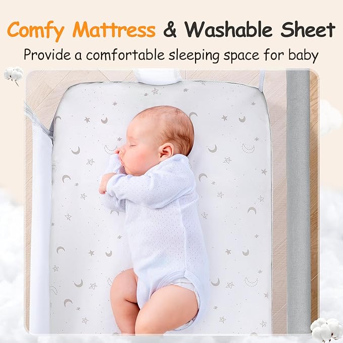 Ezebaby Bedside Bassinet for Baby, Portable Baby Bassinet Bedside Sleeper for Newborn Infants with Wheels Storage Basket, Adjustable 7 Heights and All Mesh Sides