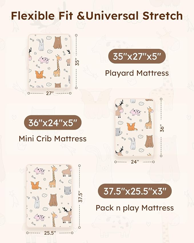 Pack and Play Sheets Fitted 3 Pack, Mini Crib Sheets for Pack N Play Mattress Stretchy Portable Playard Sheets, Soft Breathable Blue & Apricot Bear