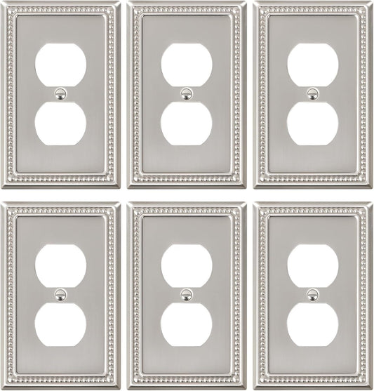 6-Pack Duplex Outlet Cover Plate, Metal Wall Plates for Electrical Outlets, Brushed Nickel 1 Gang Receptacle Cover, Pearls Decorative Switch Plates and Outlet Covers