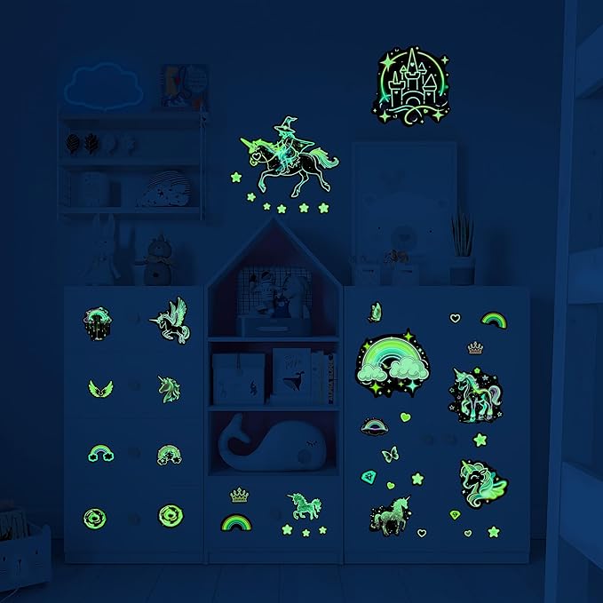 Glow in The Dark Unicorn Wall Decals, Neon Fantasy Rainbow Unicorn Wall Stickers for Girls Room, Colorful Diamond Star Love Room Decor, Baby Girl Boy Bedroom Ceiling Nursery Decoration
