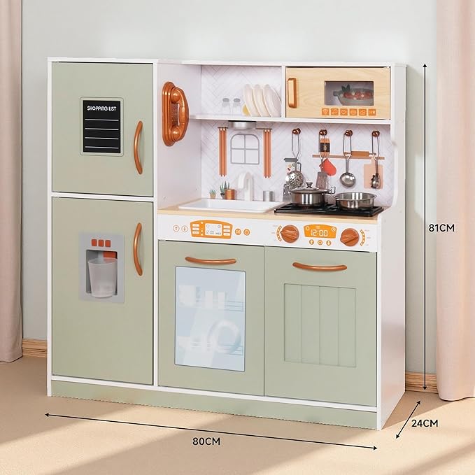 Wooden Play Kitchen Toy Set with Light, Kids Children Pretend Toy Kitchen Playset, Sink Play Toy Oven with Microwave,Toddler Cooking Set Toy for Ages 3+ Baby Girls Boys (Green)