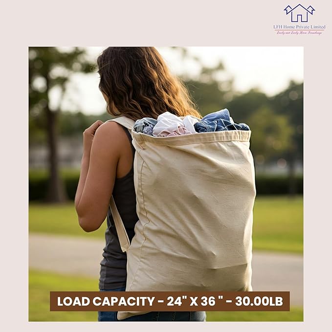 LFH Home Cotton Canvas Extra Large Laundry Bag with Handle, Heavy Duty Drawstring Closure Washable Laundry Bags School Travel, Home, Hotel, College Dorm, Organizer Sack, Toys Clothes 24x36-Natural