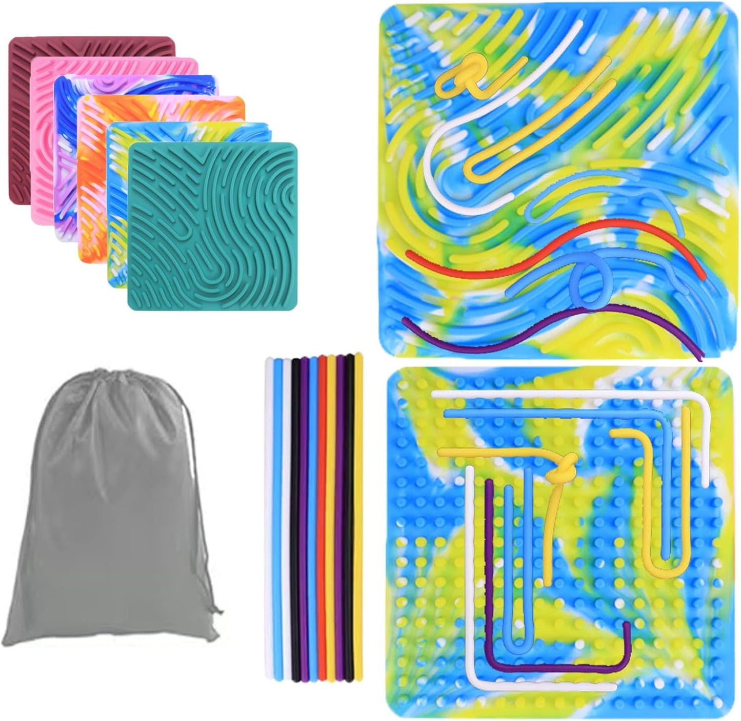 Sensory Activity Board, Silicone Fidget Toy Silent, No Mess for Calming/Stress/Anxiety/ADHD & Autism Kids & Adults, Travel Sensory Activity Board with Portable Storage Bag & 20 Strings