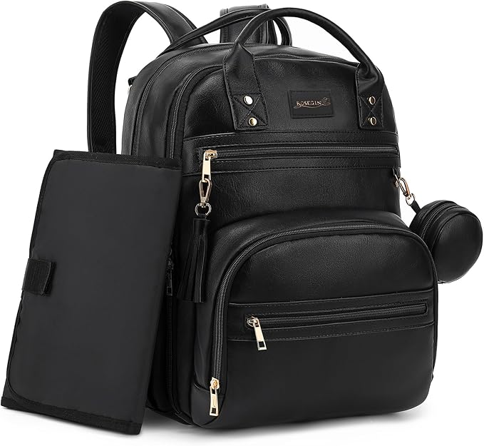 Premium Vegan Leather Diaper Bag Backpack with Waterproof Changing Pad, Reinforced Zippers & Odor-Free, 20 Pockets Pro Organizer, Fits 15.6" Laptop, Stroller Straps, Baby Bag for Mom, Black