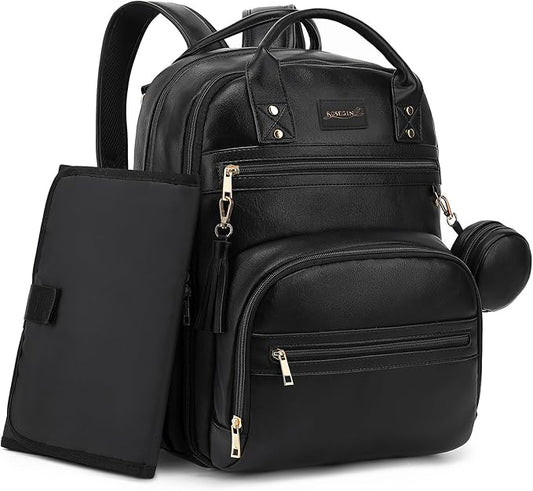 Premium Vegan Leather Diaper Bag Backpack with Waterproof Changing Pad, Reinforced Zippers & Odor-Free, 20 Pockets Pro Organizer, Fits 15.6" Laptop, Stroller Straps, Baby Bag for Mom, Black