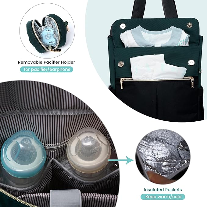 LOVEVOOK Diaper Bag Backpack with Insulated Pockets, Baby Changing Pad, Pacifier Case - Anti-Theft Travel Backpack for Women, Black-Green