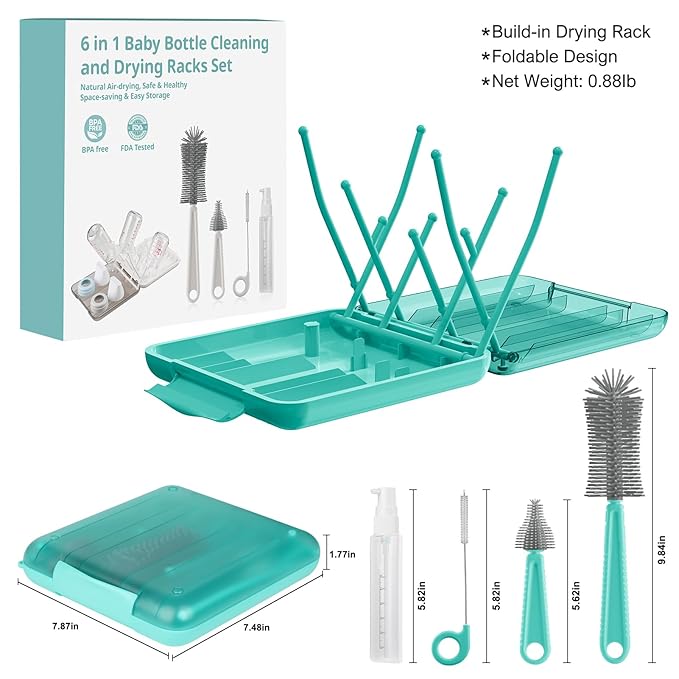 6 in 1 Bottle Brush Set,Bottle Cleaner Brush Kit with Bottle Brush,Drying Rack,Nipple Brush,Straw Brush,Soap Dispenser&Storage Box,Portable Baby Essentials for Home&Travel