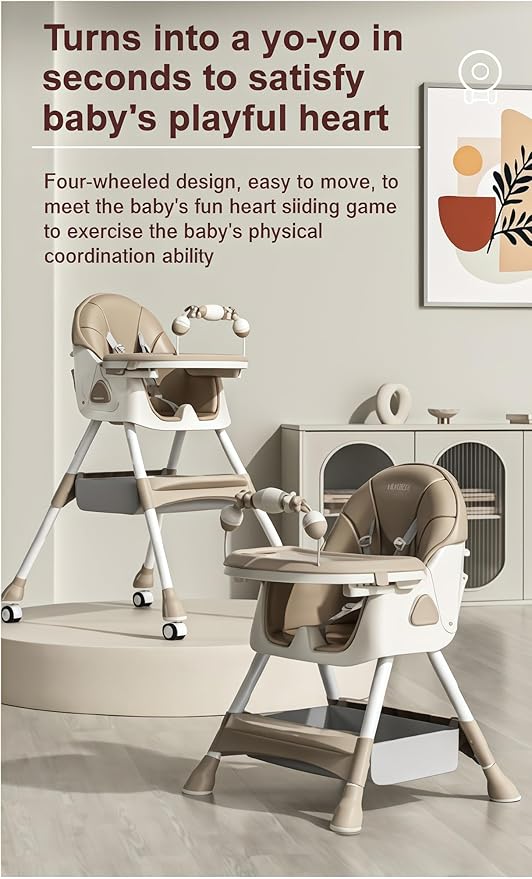 Nine point nine PU Leather High Chairs with Rocking Mode, High Chair for Babies and Toddlers, Adjustable and Easy to Fold Highchair, Highchairs with Double Tray (Khaki)