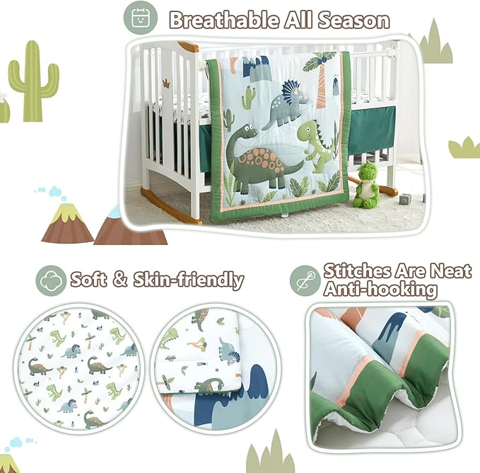 Wowelife Dinosaur Crib Bedding Set for Boys Green, Premium 3-Piece Baby Bedding Set, Nursery Crib Set, Newborn, Infant & Toddler Nursery Bed Set, Green Dinosaur
